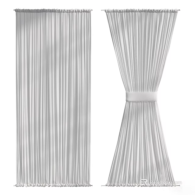 Modern Striped Pleated Curtains With White Fabric And Tie Back Design 3d model 