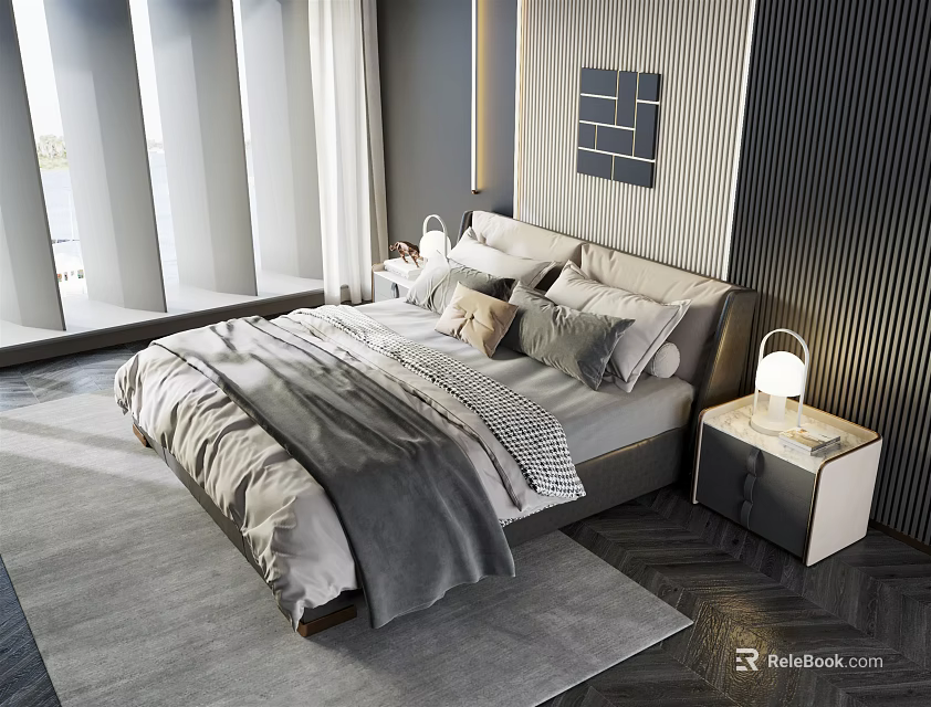 Background Double Bed In Stylish Bedroom With Gray Bedding Pillows Nightstand Lamp And Wall Art 3d model 