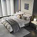 Background Double Bed In Stylish Bedroom With Gray Bedding Pillows Nightstand Lamp And Wall Art