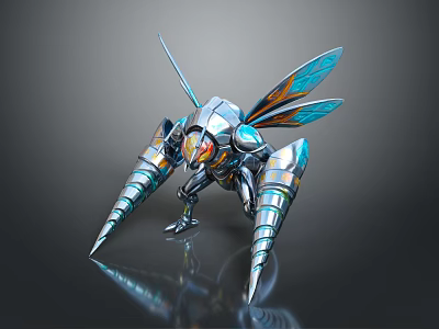 Futuristic Mechanical Insect With Metallic Blue Orange Wings And Sharp Legs Design 3d model