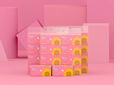 Stacked Tempo Pink Tissue Boxes With Sunflower Design For Household Supplies 3d model