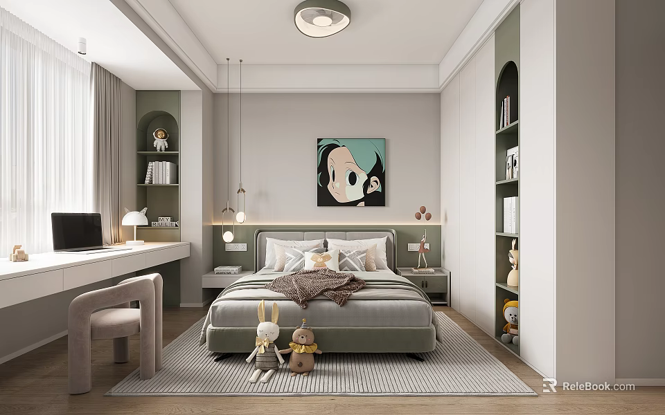 Modern Kids Bedroom Interior With Bed Bookshelves Artwork And Desk 3d model 