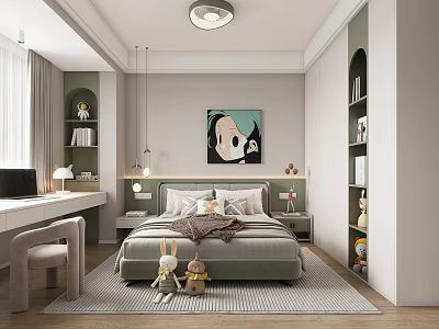 Modern Kids Bedroom Interior With Bed Bookshelves Artwork And Desk 3d model