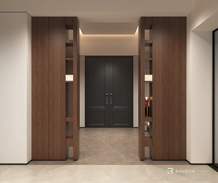 Modern Entryway With Wooden Cabinets Open Shelves Dark Double Doors And Light Colored Floor Tiles 3d model 