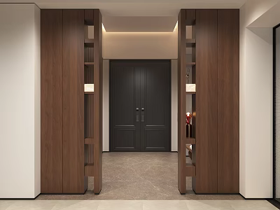 Modern Entryway With Wooden Cabinets Open Shelves Dark Double Doors And Light Colored Floor Tiles 3d model