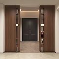 Modern Entryway With Wooden Cabinets Open Shelves Dark Double Doors And Light Colored Floor Tiles