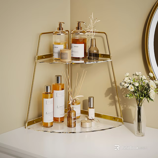 Gold Tiered Shelf With Aromatherapy Candles Diffusers And Glass Bottles Near White Flower Vase 3d model 