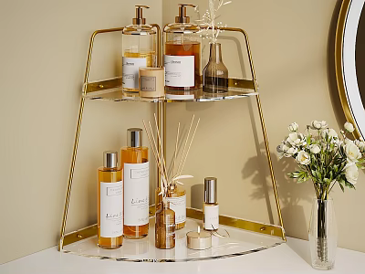Gold Tiered Shelf With Aromatherapy Candles Diffusers And Glass Bottles Near White Flower Vase 3d model