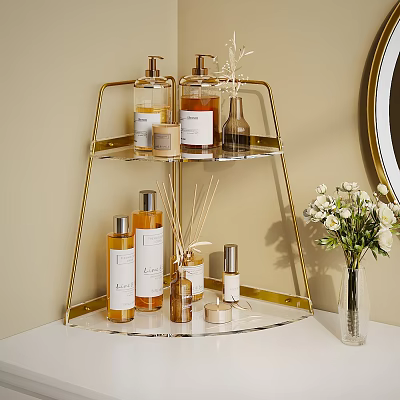 Gold Tiered Shelf With Aromatherapy Candles Diffusers And Glass Bottles Near White Flower Vase 3d model