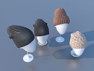 Fashionable Knitted Hats on White Mannequin Heads Featuring Different Colors and Knit Textures 3d model
