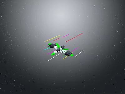 Spaceship Flying In Starry Space With Colorful Green Yellow Pink White Trails 3d model