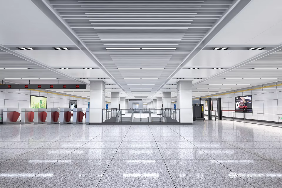 Modern Station Interior Spacious Hall With Bright Lighting Red Seats And Automatic Turnstiles 3d model 