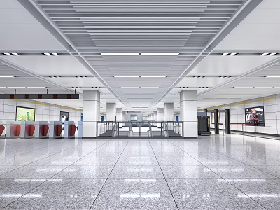 Modern Station Interior Spacious Hall With Bright Lighting Red Seats And Automatic Turnstiles 3d model