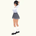 Woman With Black Short Hair Wearing White Shirt Gray Pleated Skirt And Black Shoes