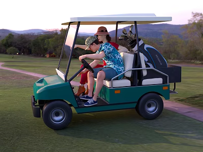 Two People Riding Golf Cart On Golf Course 3d model