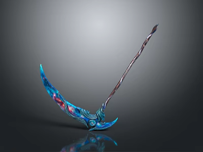 Fantasy Scythe With Blue Blade Red Purple Accents Curved Handle And Glossy Finish 3d model
