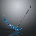 Fantasy Scythe With Blue Blade Red Purple Accents Curved Handle And Glossy Finish