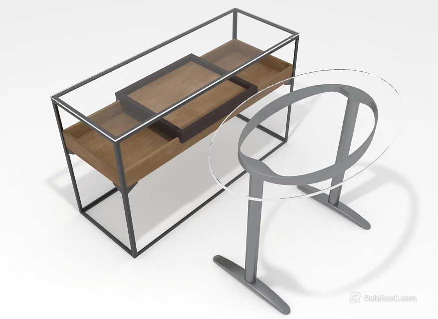 Contemporary Furniture Set With Glass Top Round Table And Metal Frame Wooden Shelf 3d model 