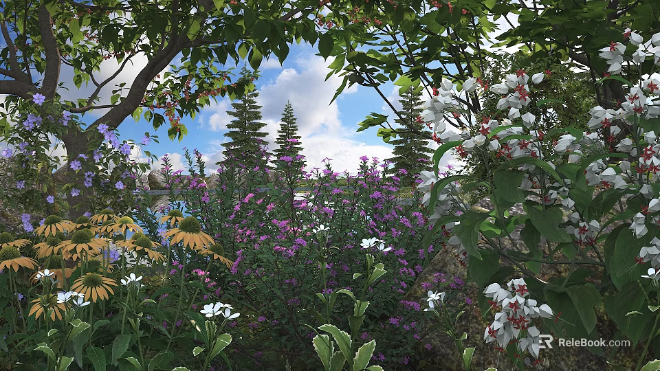 Vibrant Plant Combination with Purple Flowers White Blooms Yellow Blossoms Lush Green Foliage and Trees 3d model 
