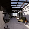 Villa Balcony Design Featuring Wooden Pergola Roof Outdoor Dining Table Chairs And Green Plants