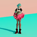 Woman With Turquoise Hair In Black White Top And Pink Skirt Against Pink Background