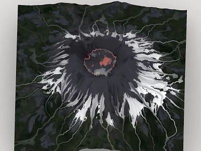 Aerial View Of Volcanic Crater With Red Center Snow Surrounding And Vegetation 3d model
