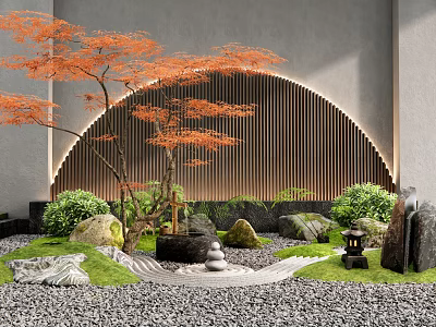 Serene Garden Decorative Scene With Orange Maple Tree Arched Wooden Slat Backdrop And Pebble Ground 3d model