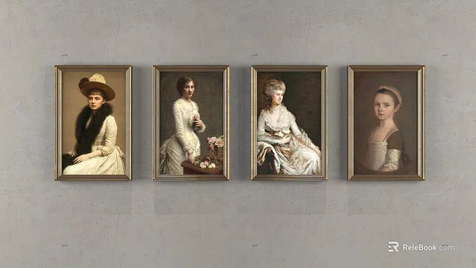 Four Classic Portrait Paintings Hanging on Gray Wall with Various Historical Attires 3d model 