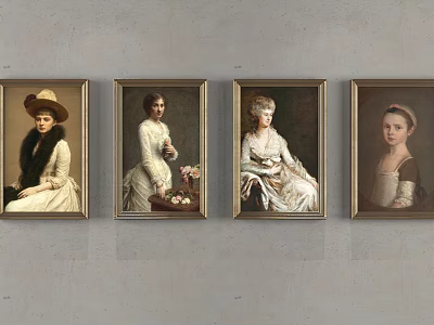 Four Classic Portrait Paintings Hanging on Gray Wall with Various Historical Attires 3d model