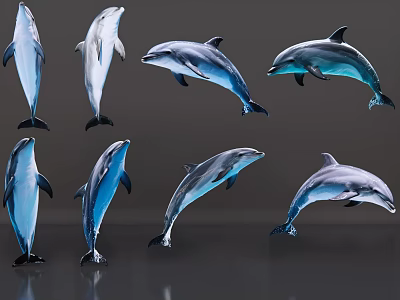 Eight Blue And Gray Dolphins In Various Poses Against Gray Background 3d model
