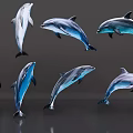 Eight Blue And Gray Dolphins In Various Poses Against Gray Background