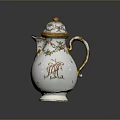 Decorative Ceramic Jug With Gold Accents Floral Patterns Ornate Lid And Monogram Design