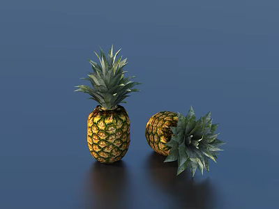 Fresh Ripe Pineapples With Green Leaves And Golden Skin On Dark Blue Background 3d model