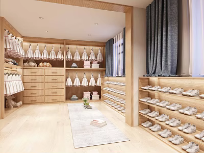 Modern Mall Store Interior with Clothing Racks Shoe Shelves and Wooden Display Cabinets 3d model