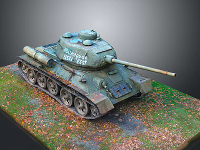Weathered Green Military Tank Model Placed on Grass with Fallen Leaves 3d model