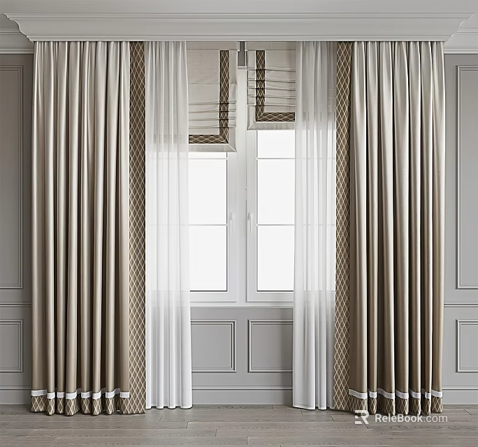 Elegant Double Layer Curtains With White Sheer And Beige Patterned Design For Home Window 3d model 