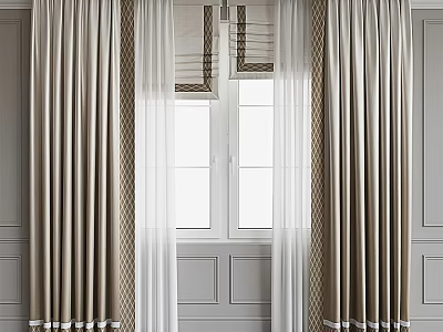 Elegant Double Layer Curtains With White Sheer And Beige Patterned Design For Home Window 3d model