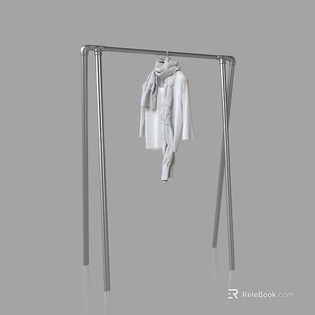 Stylish Clothes Hanging on Metal Rack with White Coat and Scarf 3d model 