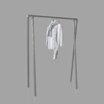 Stylish Clothes Hanging on Metal Rack with White Coat and Scarf 3d model