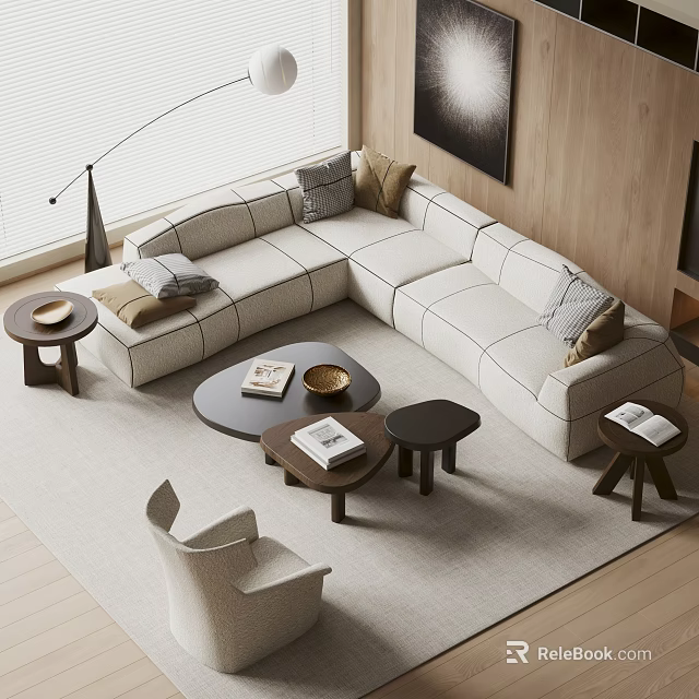 Modern L Shaped Light Sofa Coffee Table Set With Decorative Cushions Wooden Tables And Books 3d model 