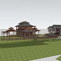 Traditional Two Story Wooden Guesthouse With Pond And Lush Greenery In Natural Surroundings