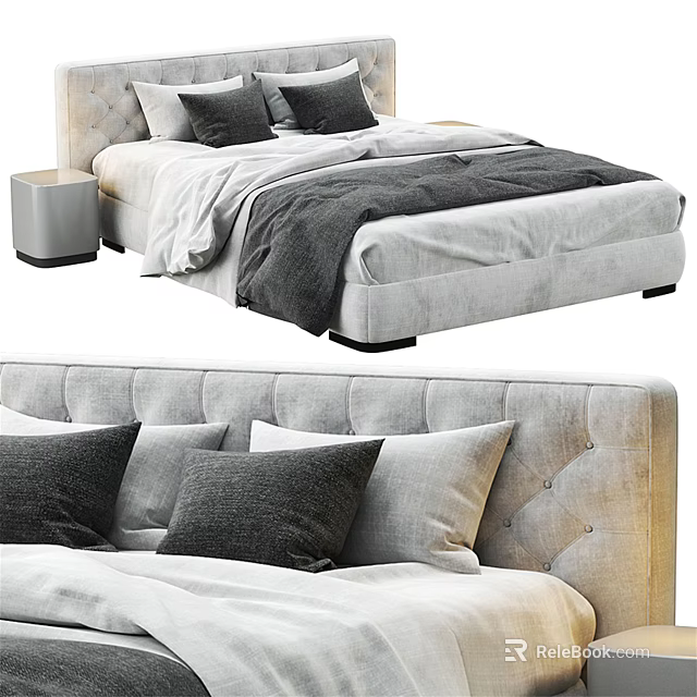 Modern Tufted Headboard Double Bed With Gray White Pillows Comforter And Bedside Table 3d model