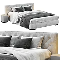 Modern Tufted Headboard Double Bed With Gray White Pillows Comforter And Bedside Table 3d model