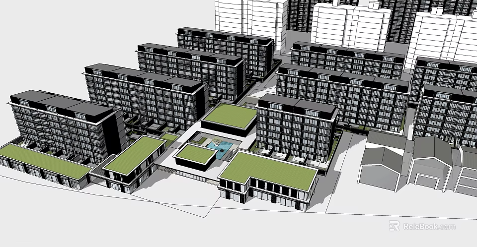 Modern Urban Residential Complex Design With Multiple Buildings Green Roofs And Central Courtyard 3d model 