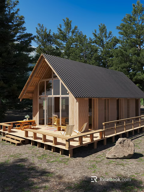 Wooden Cabin Exterior Design With Black Metal Roof Wooden Deck And Large Glass Windows 3d model 