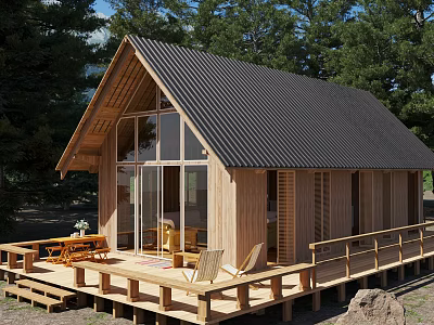 Wooden Cabin Exterior Design With Black Metal Roof Wooden Deck And Large Glass Windows 3d model