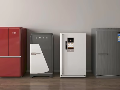 Various Modern Style Refrigerators With Different Colors And Designs On Wooden Floor Against White Wall 3d model