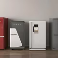 Various Modern Style Refrigerators With Different Colors And Designs On Wooden Floor Against White Wall