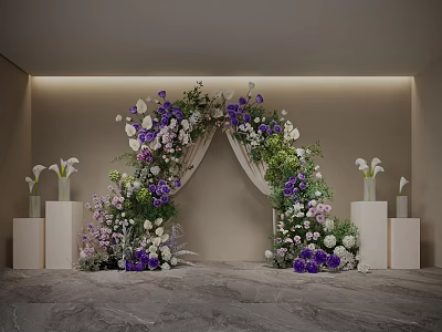 Elegant Floral Installation with Purple White Flower Arch Green Foliage White Pillars Vases and Lighting 3d model