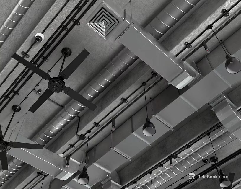 Metal Pipes Ceiling Design With Interconnected Layout And Ceiling Fans Pendant Lights 3d model 